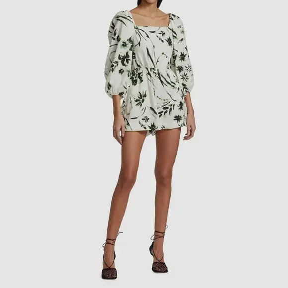 NWT Tanya Taylor‎ Stevie Romper Size Small Floral Linen Square Neck Puff Sleeve